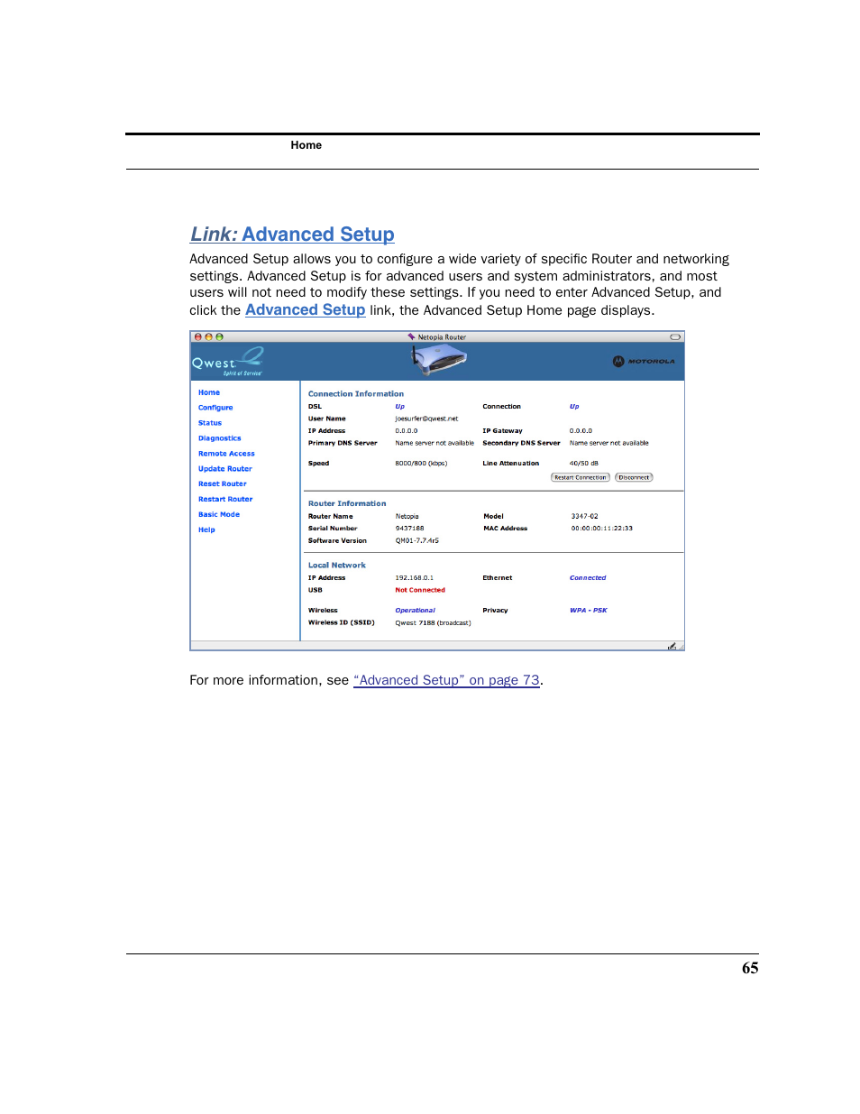 Link: advanced setup, Advanced setup, Link | Motorola 3347 User Manual | Page 65 / 351