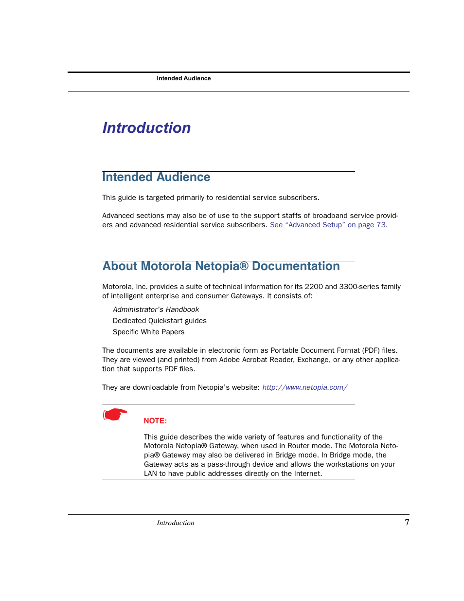 Introduction, Intended audience, About motorola netopia® documentation | Motorola 3347 User Manual | Page 7 / 351