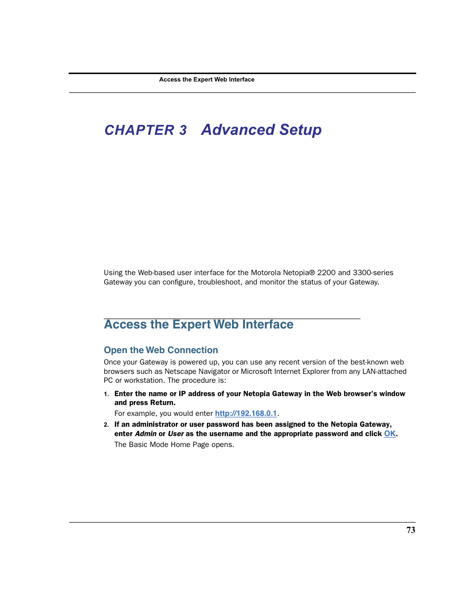 Chapter 3 advanced setup, Access the expert web interface, Open the web connection | Chapter 3, Advanced, Advanced setup | Motorola 3347 User Manual | Page 73 / 351