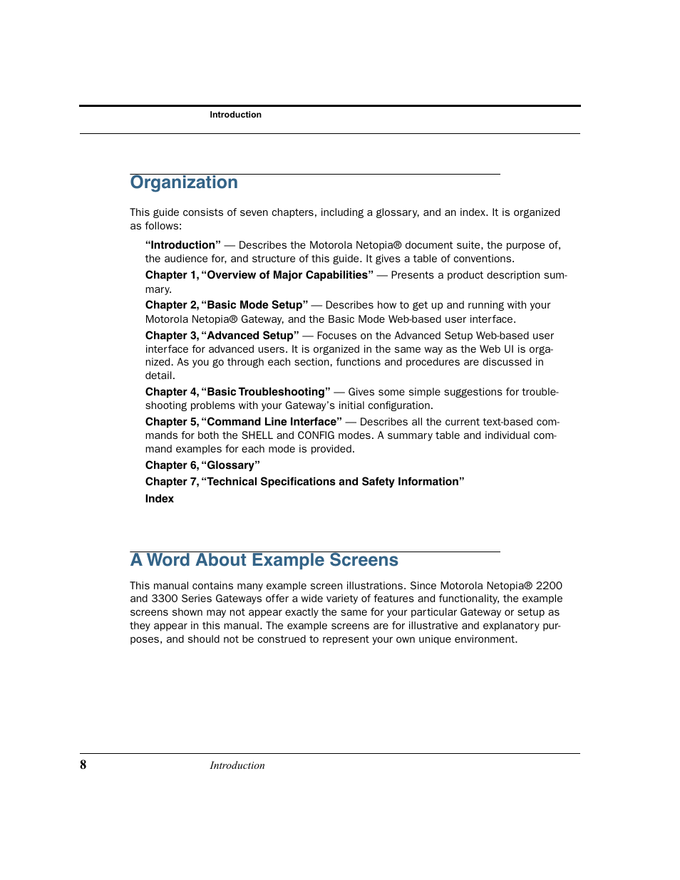 Organization, A word about example screens | Motorola 3347 User Manual | Page 8 / 351