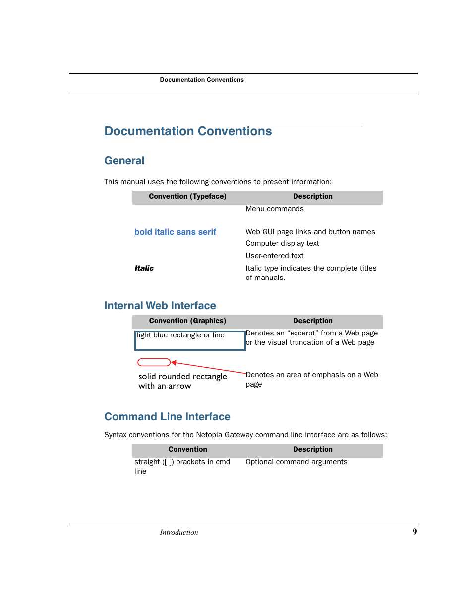 Documentation conventions, General, Internal web interface | Command line interface, Internal web interface command line interface | Motorola 3347 User Manual | Page 9 / 351