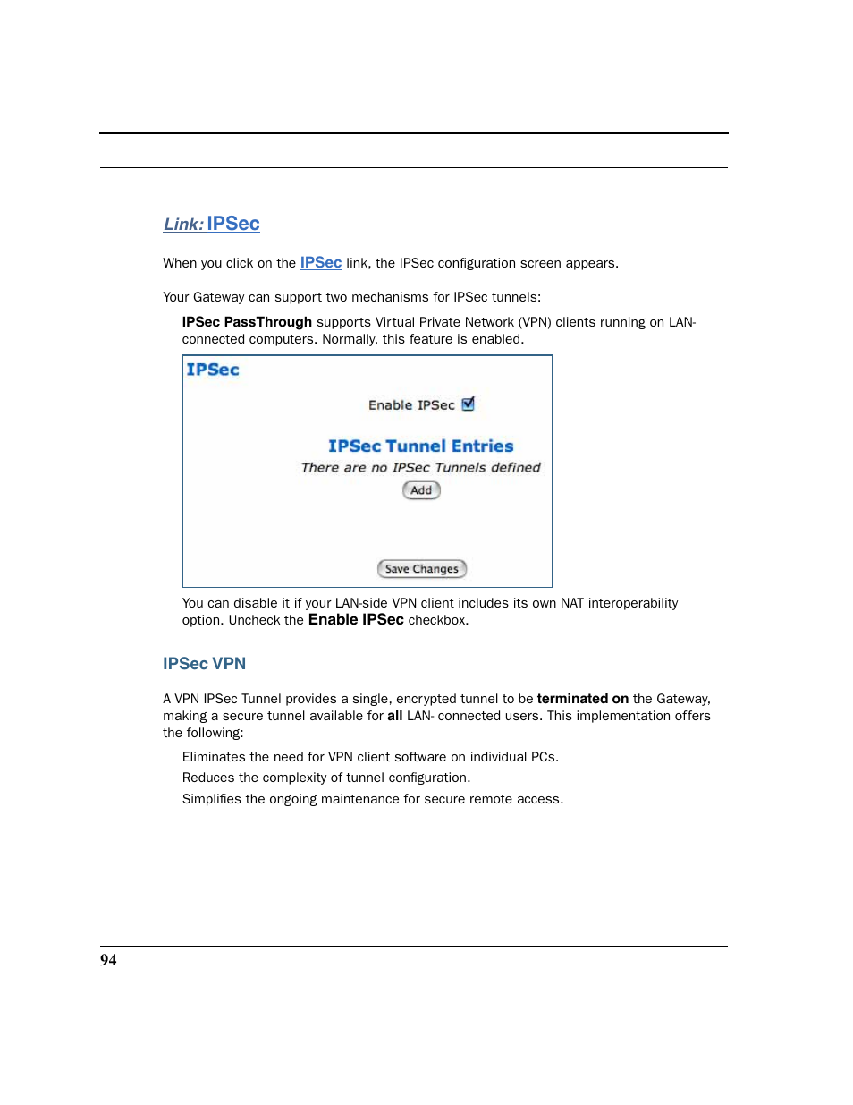 Link: ipsec, Ipsec vpn, Ipsec | Motorola 3347 User Manual | Page 94 / 351