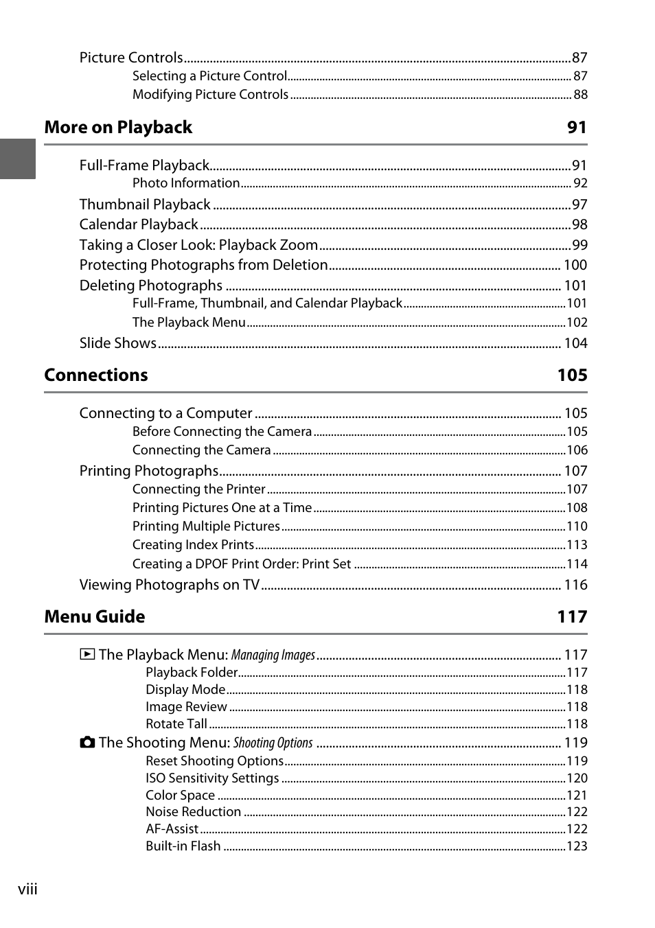 More on playback 91, Connections 105, Menu guide 117 | Nikon D3000 User Manual | Page 10 / 216