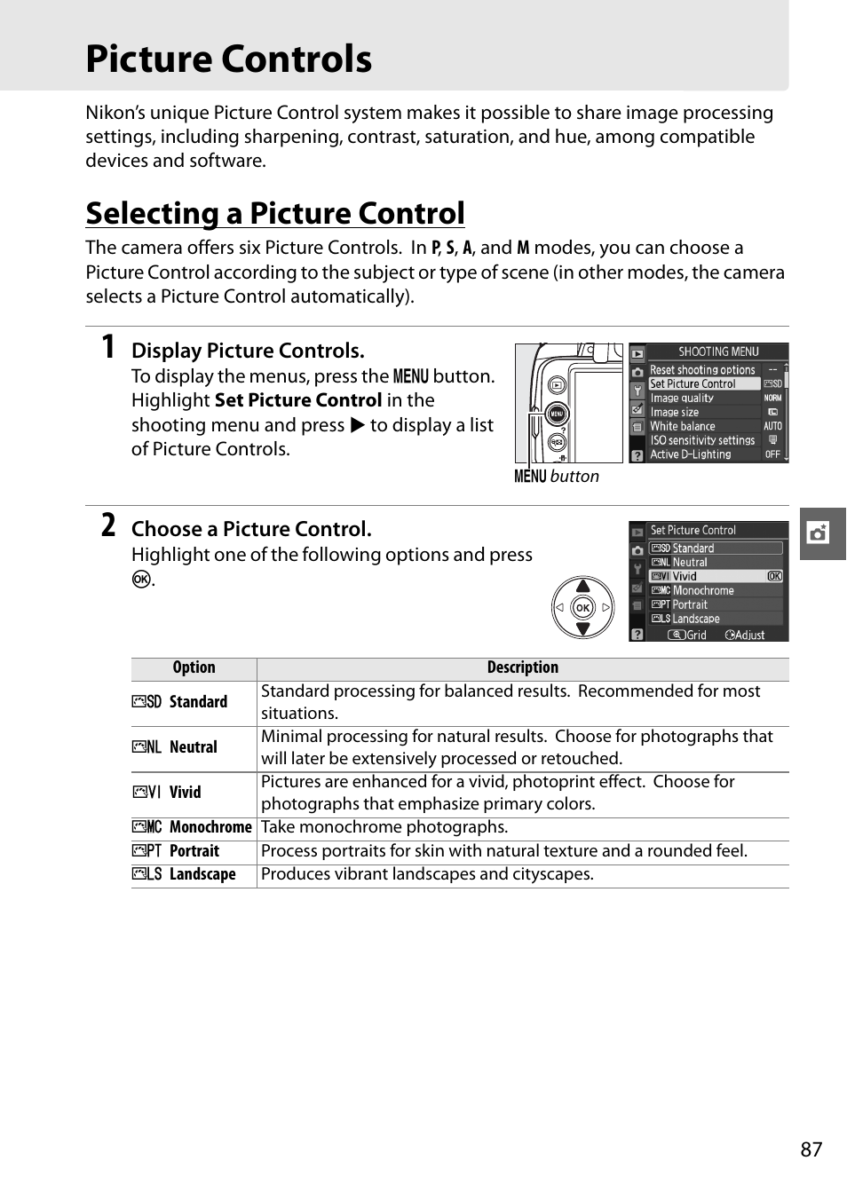 Picture controls, Selecting a picture control | Nikon D3000 User Manual | Page 105 / 216