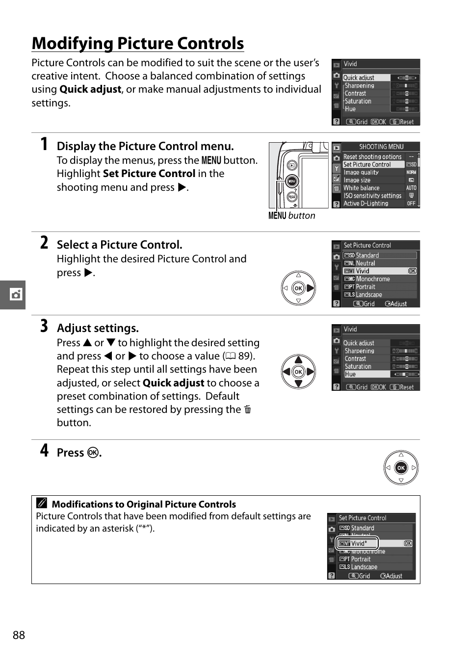 Modifying picture controls | Nikon D3000 User Manual | Page 106 / 216