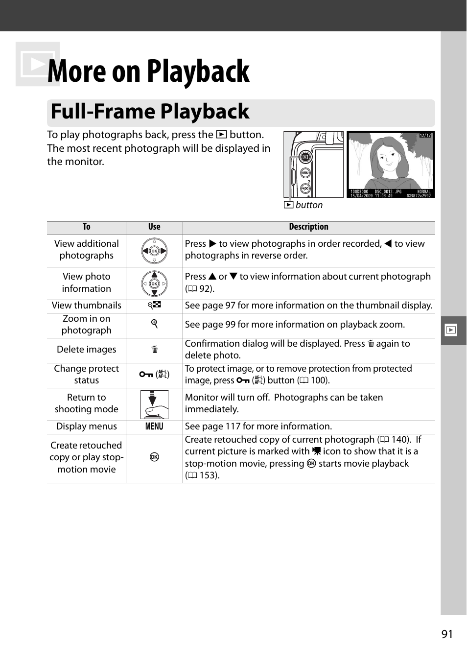 More on playback, Full-frame playback | Nikon D3000 User Manual | Page 109 / 216