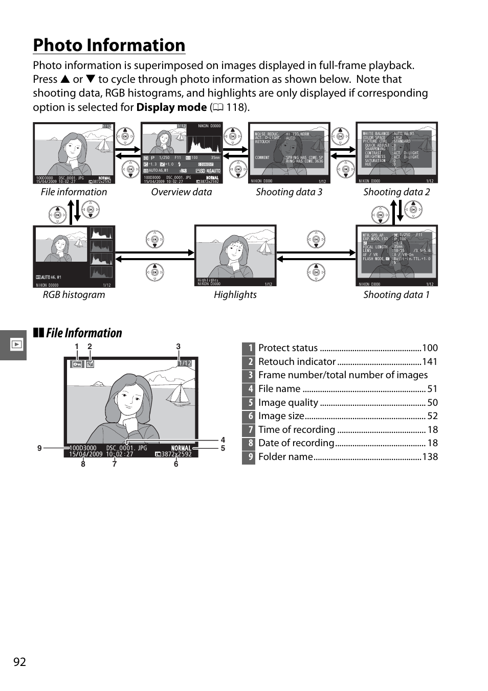 Photo information, File information | Nikon D3000 User Manual | Page 110 / 216