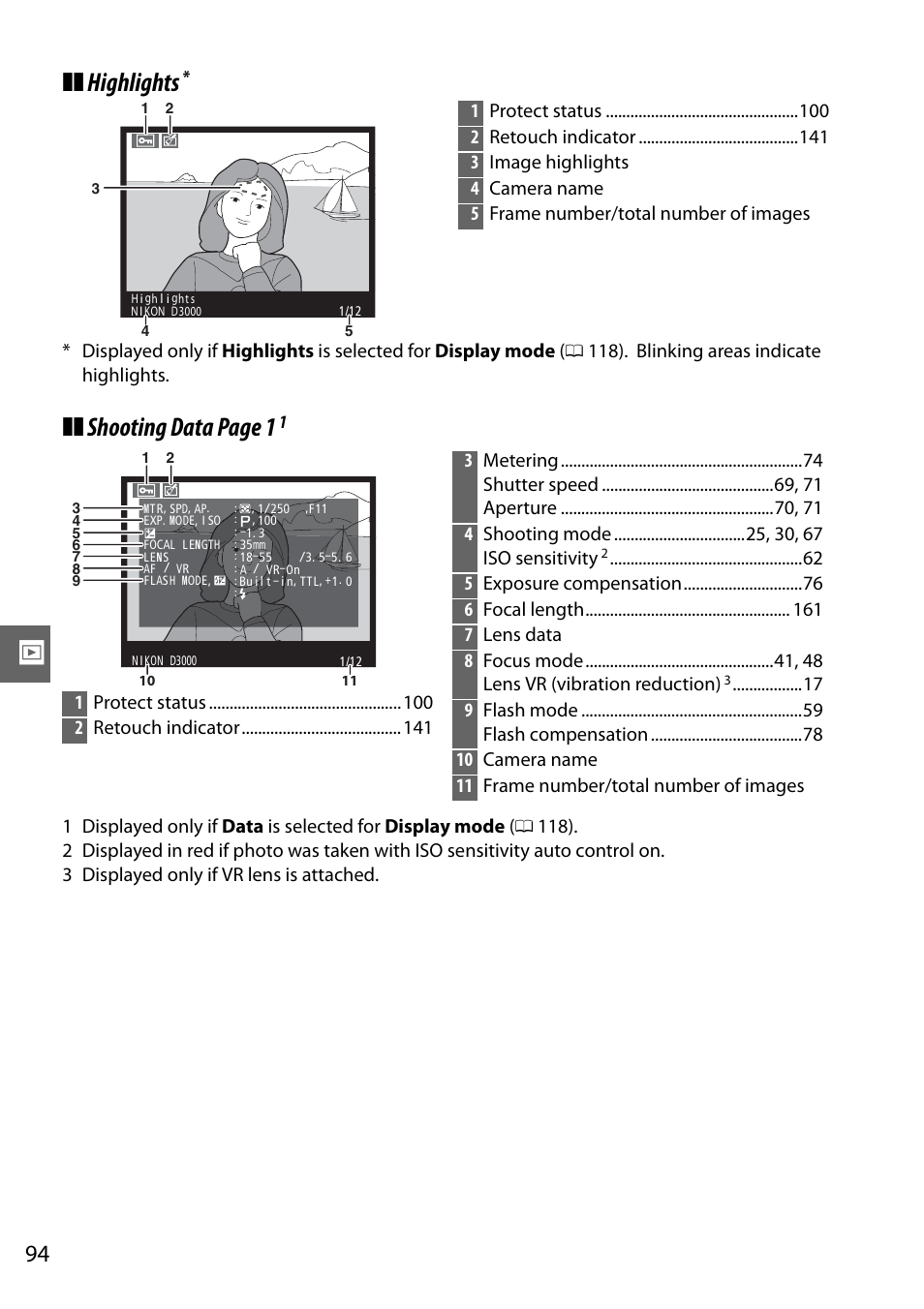 Highlights, Shooting data page 1 | Nikon D3000 User Manual | Page 112 / 216