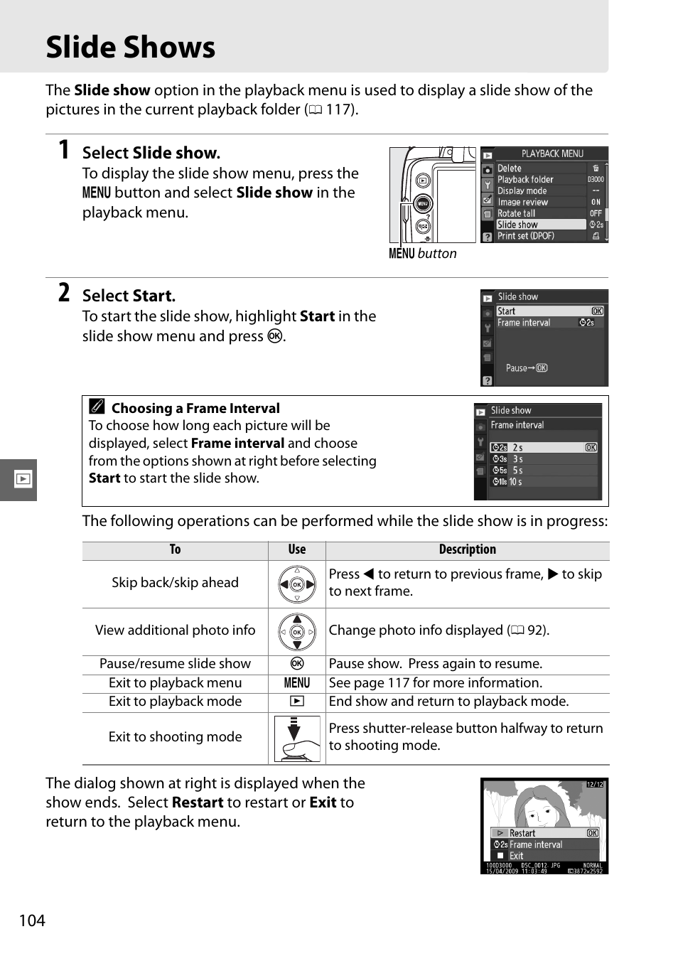 Slide shows | Nikon D3000 User Manual | Page 122 / 216