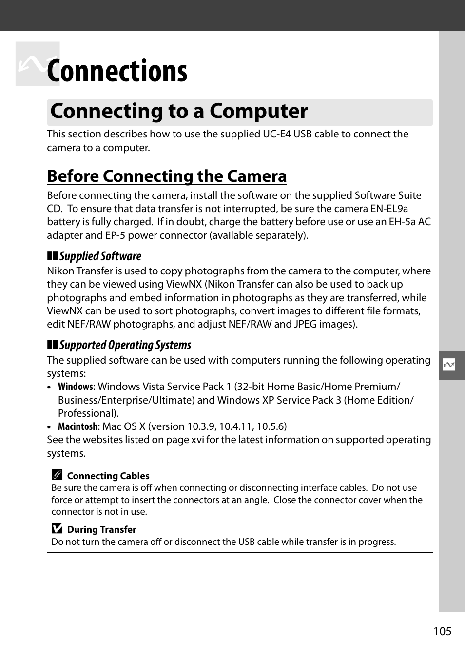 Connections, Connecting to a computer, Before connecting the camera | Nikon D3000 User Manual | Page 123 / 216