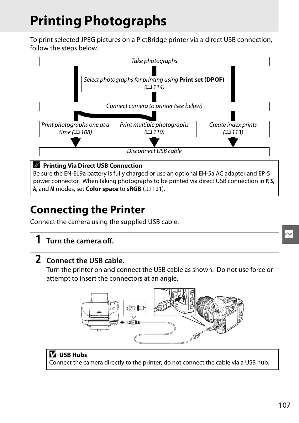 Printing photographs, Connecting the printer | Nikon D3000 User Manual | Page 125 / 216