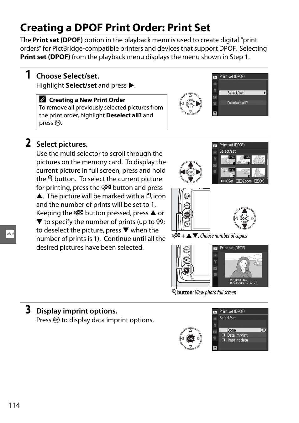 Creating a dpof print order: print set | Nikon D3000 User Manual | Page 132 / 216