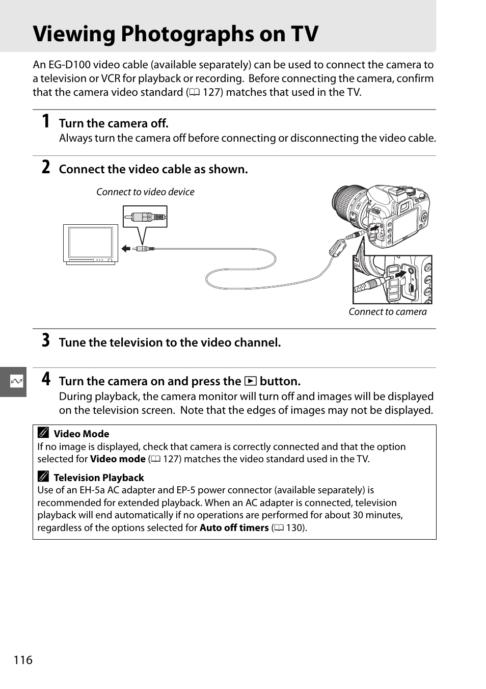 Viewing photographs on tv | Nikon D3000 User Manual | Page 134 / 216