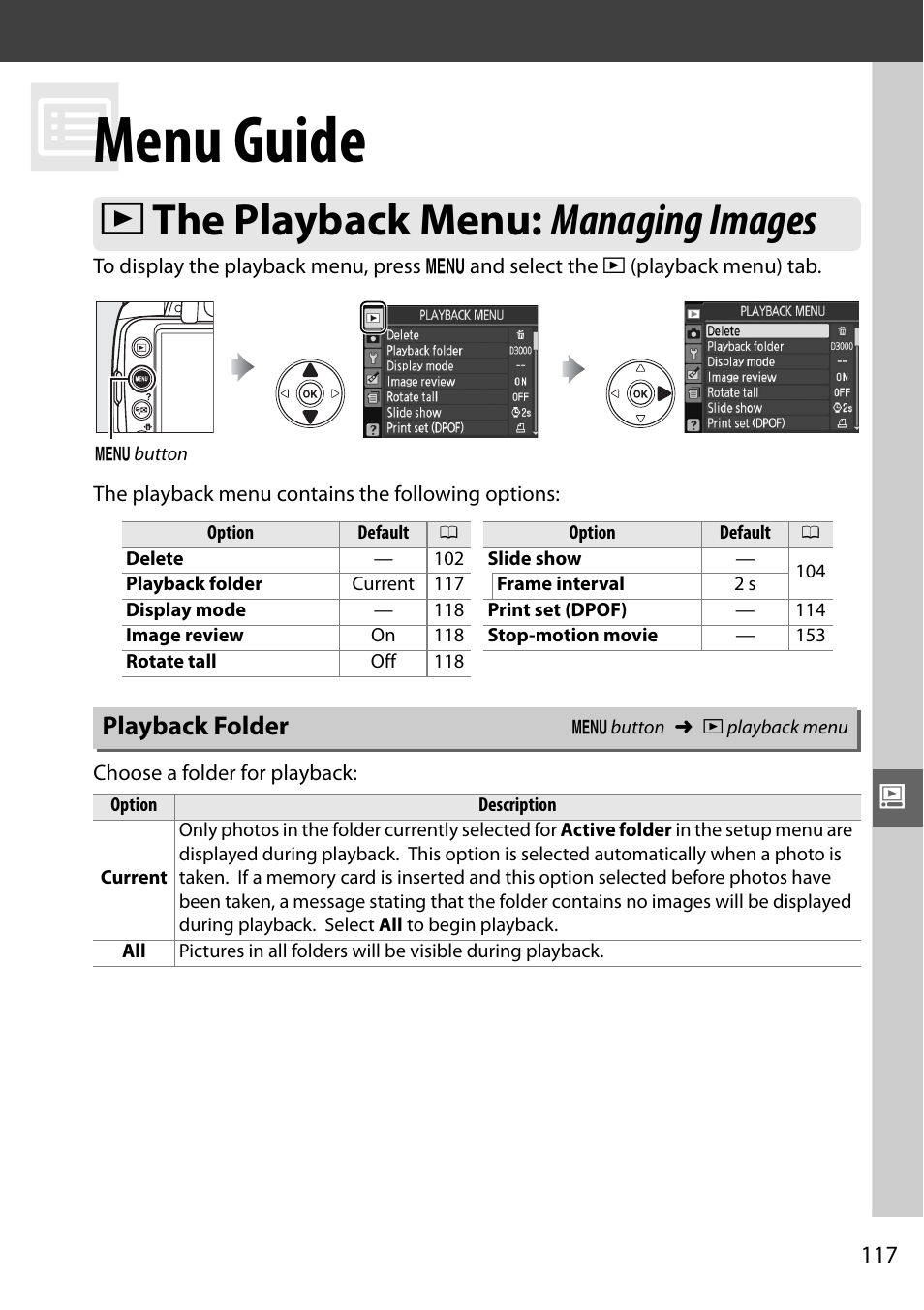 Menu guide, The playback menu: managing images, Playback folder | D the playback menu: managing images | Nikon D3000 User Manual | Page 135 / 216