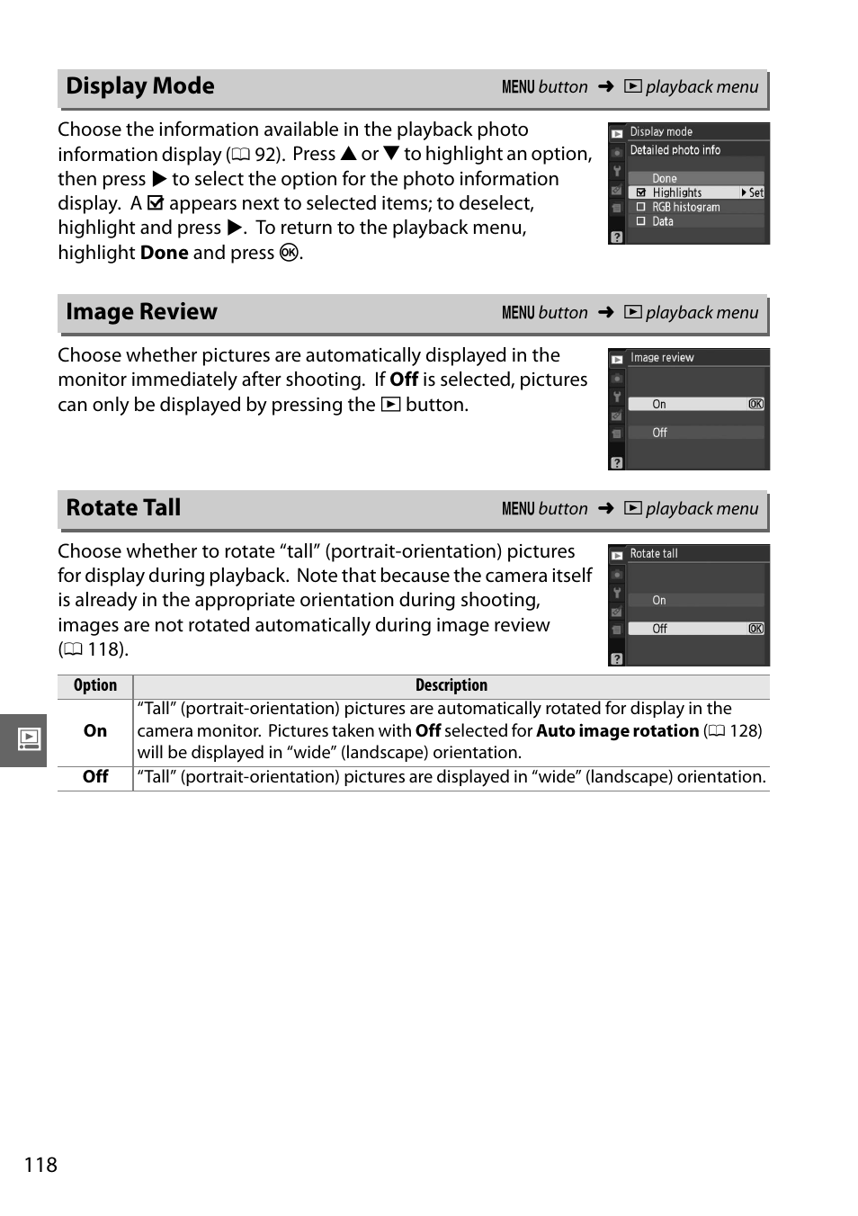 Display mode, Image review, Rotate tall | Nikon D3000 User Manual | Page 136 / 216