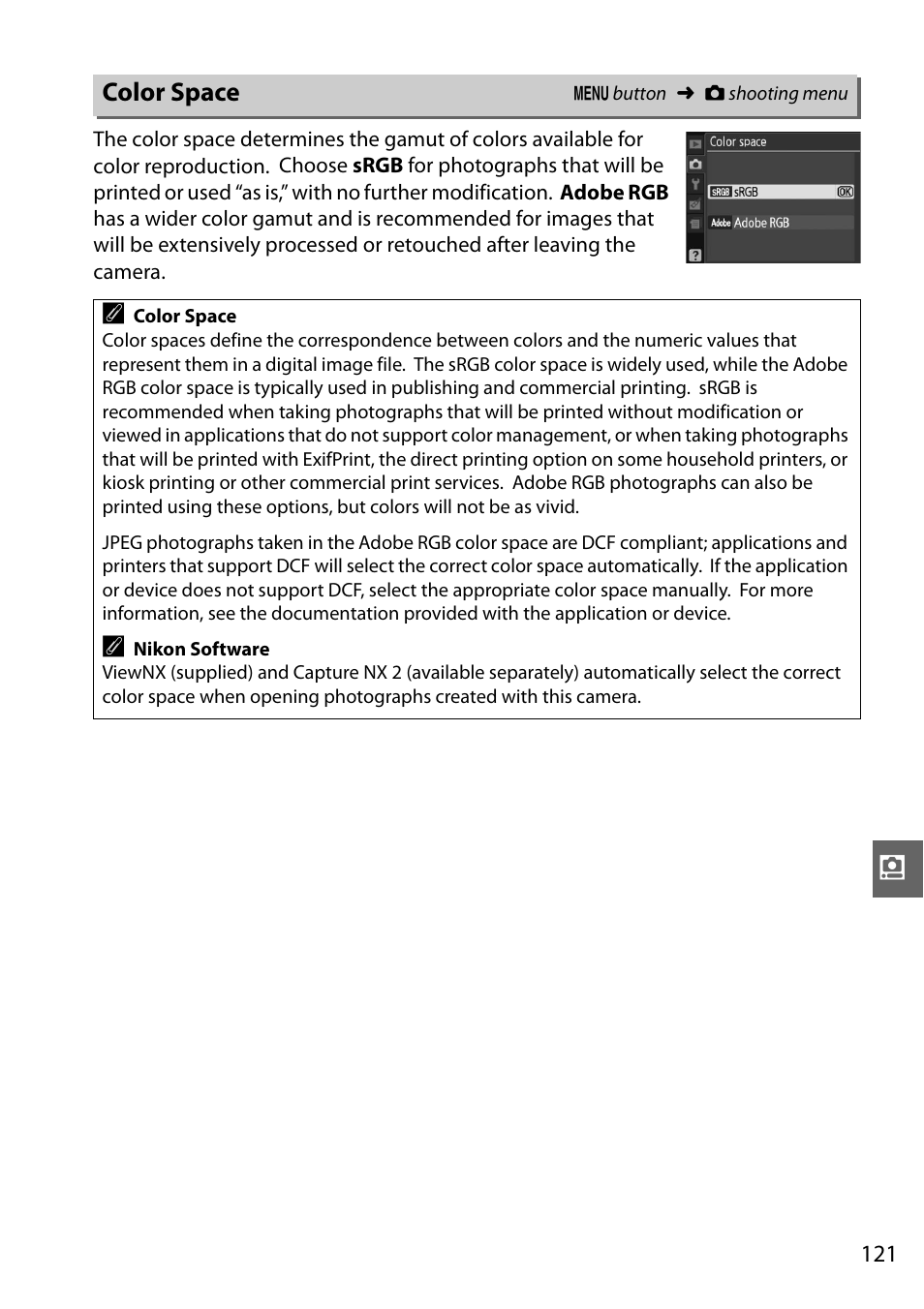 Color space | Nikon D3000 User Manual | Page 139 / 216