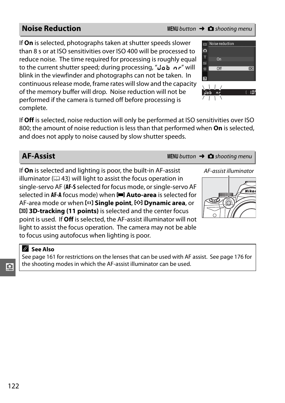 Noise reduction, Af-assist | Nikon D3000 User Manual | Page 140 / 216