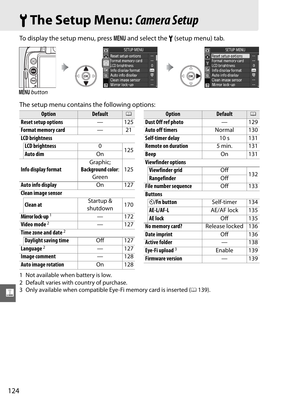 The setup menu: camera setup, B the setup menu: camera setup | Nikon D3000 User Manual | Page 142 / 216