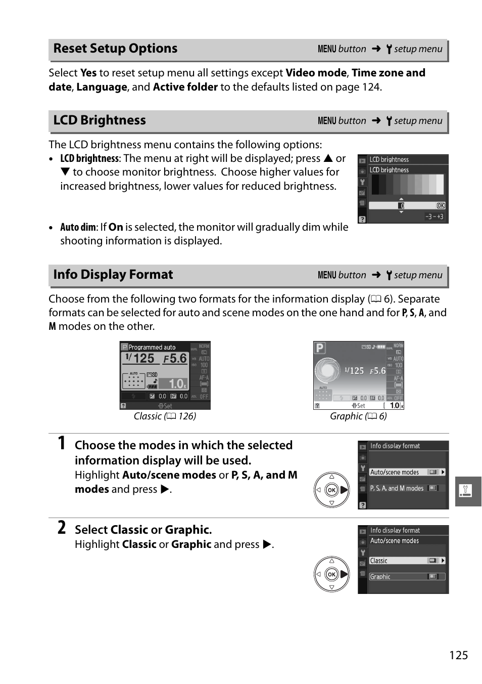 Reset setup options, Lcd brightness, Info display format | Nikon D3000 User Manual | Page 143 / 216