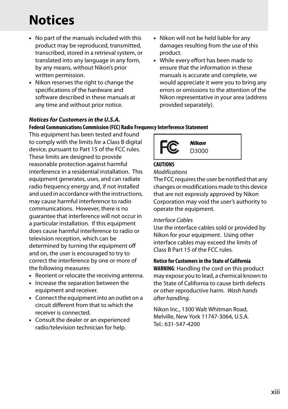 Notices | Nikon D3000 User Manual | Page 15 / 216