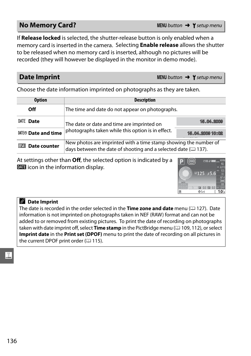 No memory card, Date imprint | Nikon D3000 User Manual | Page 154 / 216