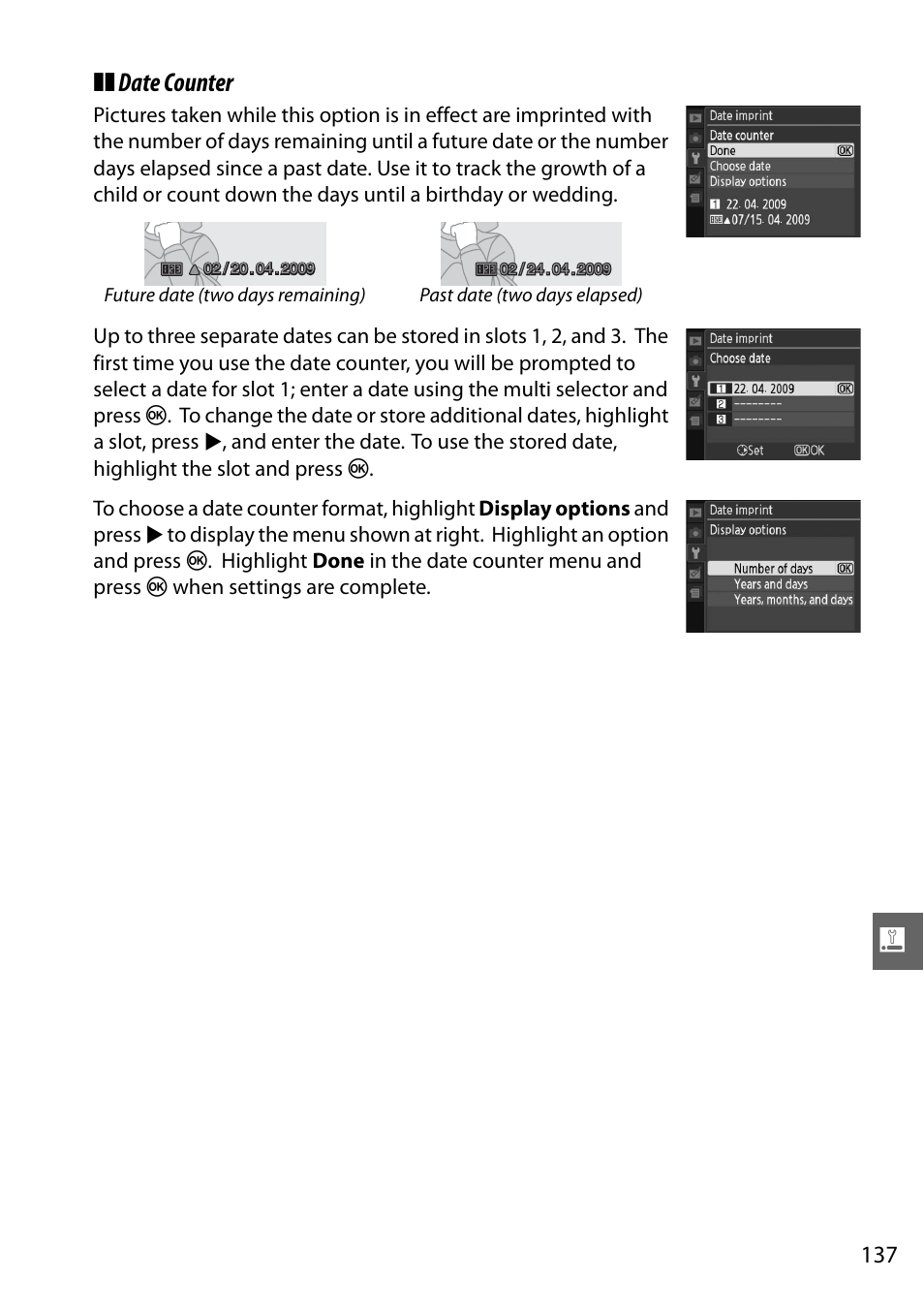 Date counter | Nikon D3000 User Manual | Page 155 / 216