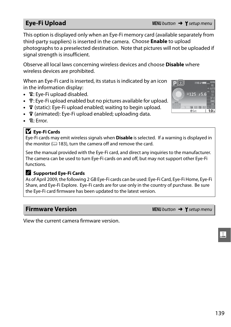 Eye-fi upload, Firmware version | Nikon D3000 User Manual | Page 157 / 216