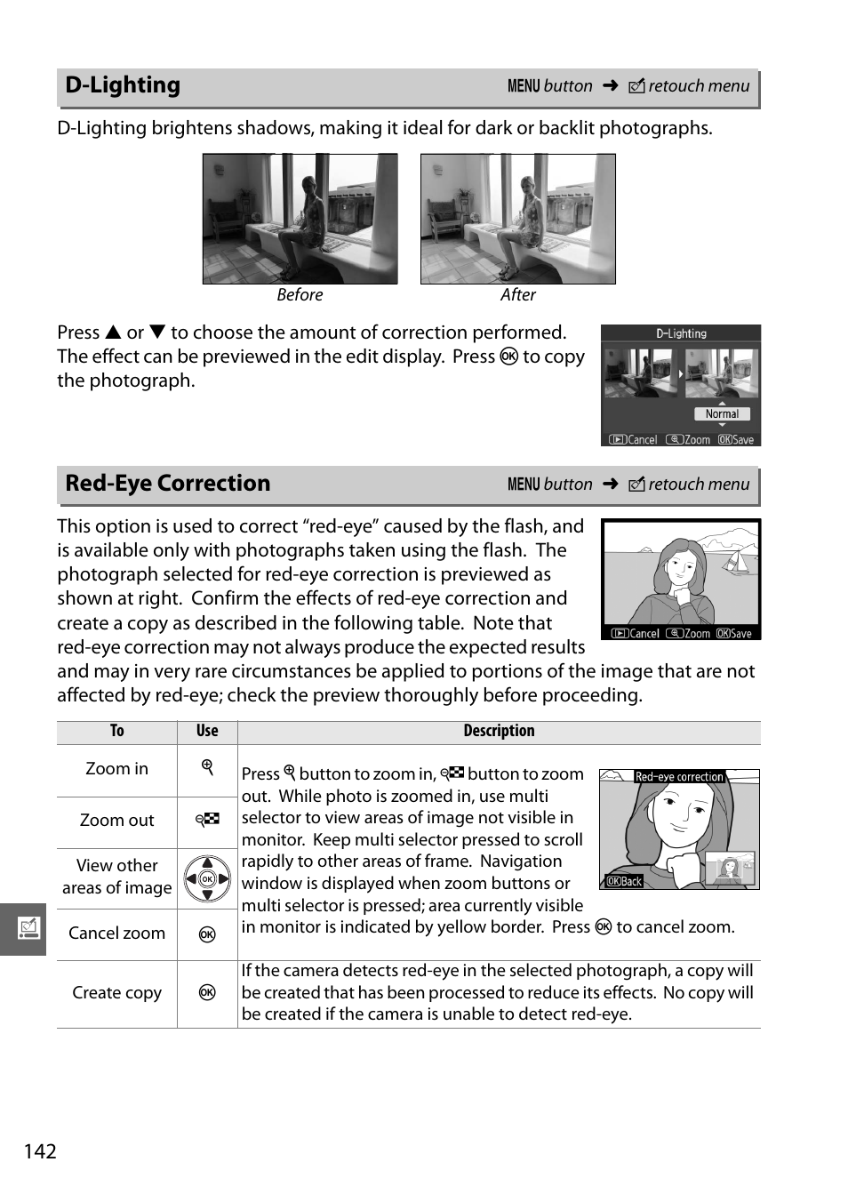 D-lighting, Red-eye correction | Nikon D3000 User Manual | Page 160 / 216