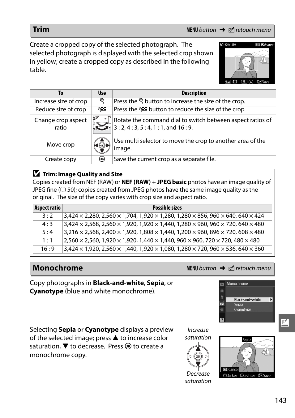 Trim, Monochrome | Nikon D3000 User Manual | Page 161 / 216