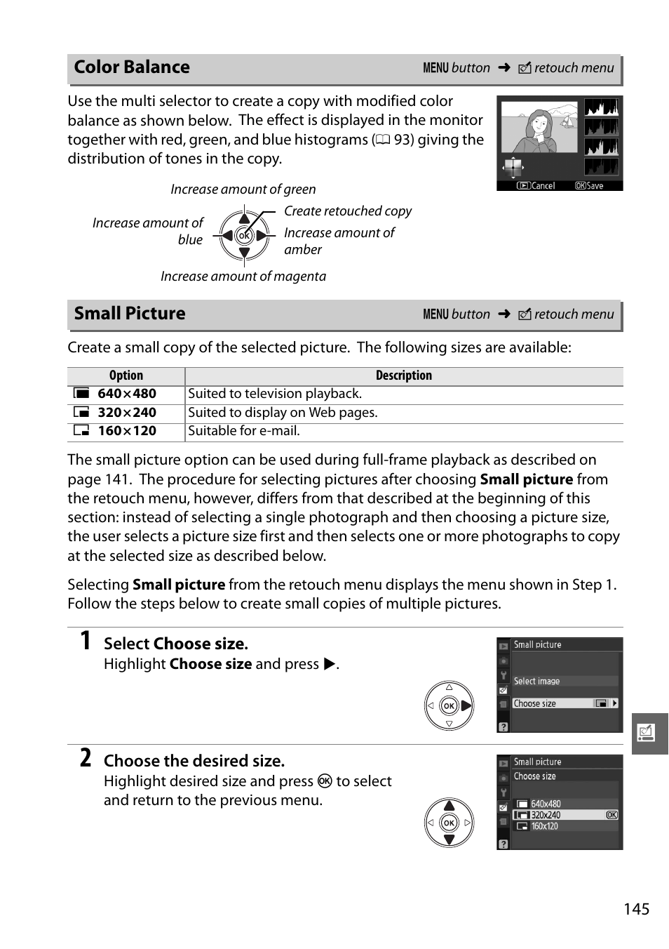 Color balance, Small picture | Nikon D3000 User Manual | Page 163 / 216