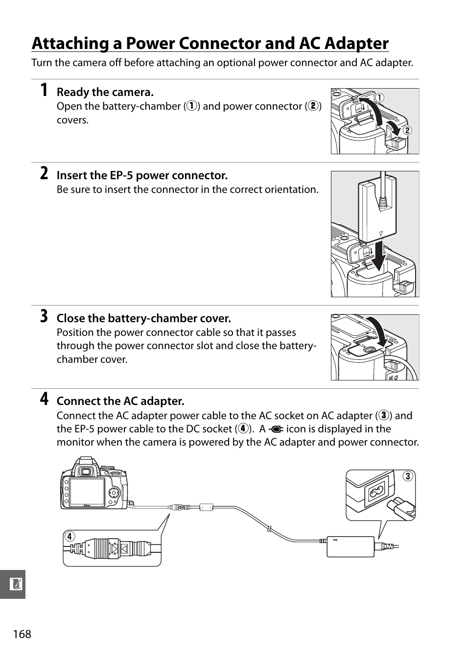 Attaching a power connector and ac adapter | Nikon D3000 User Manual | Page 186 / 216