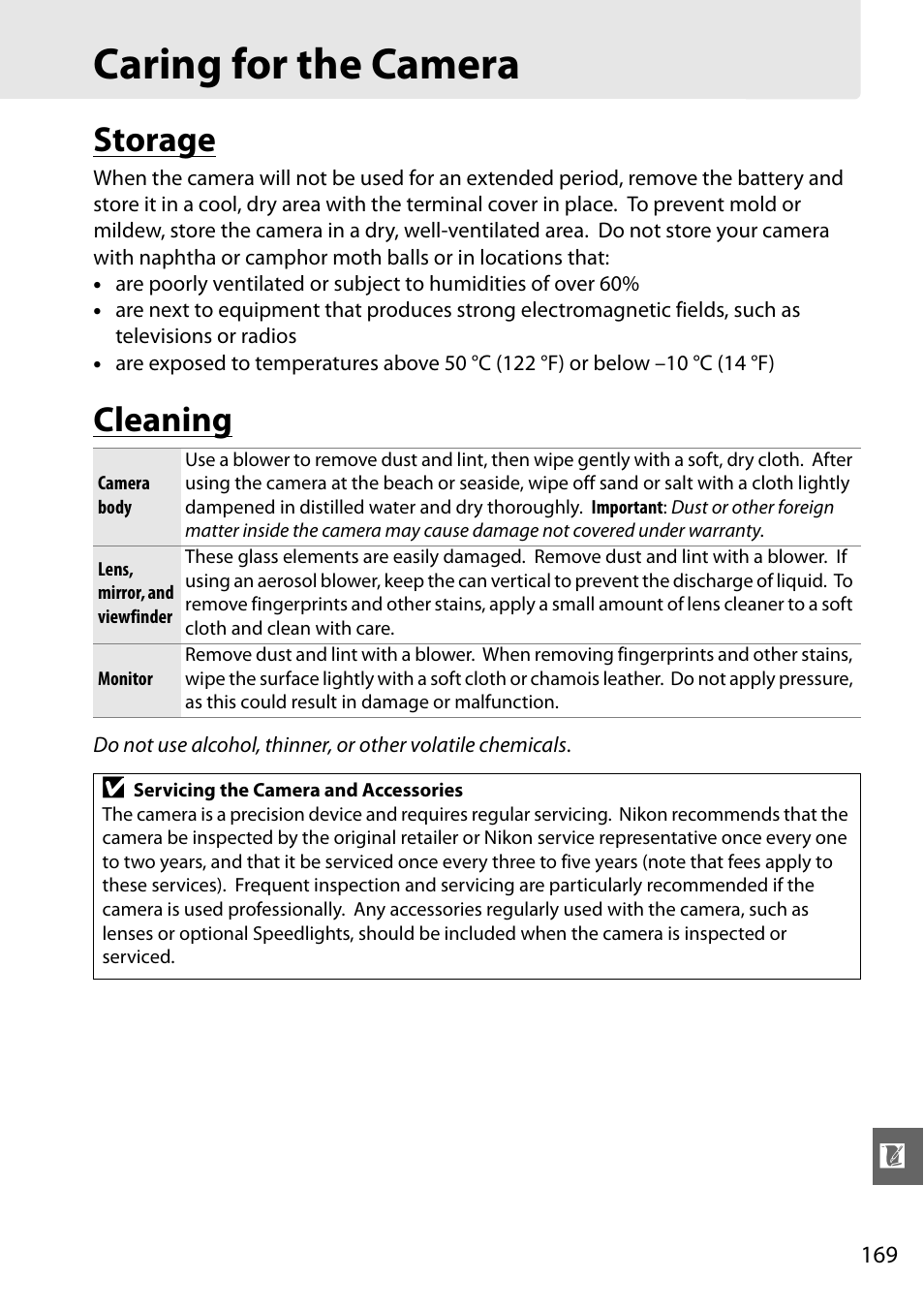 Caring for the camera, Storage, Cleaning | Nikon D3000 User Manual | Page 187 / 216