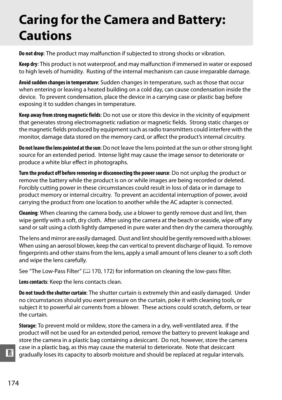 Caring for the camera and battery: cautions | Nikon D3000 User Manual | Page 192 / 216