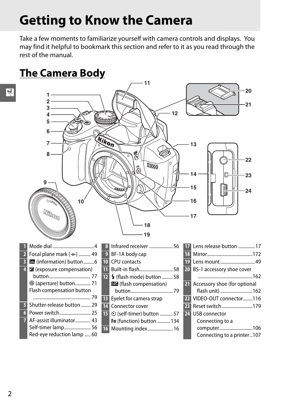 Getting to know the camera, The camera body | Nikon D3000 User Manual | Page 20 / 216