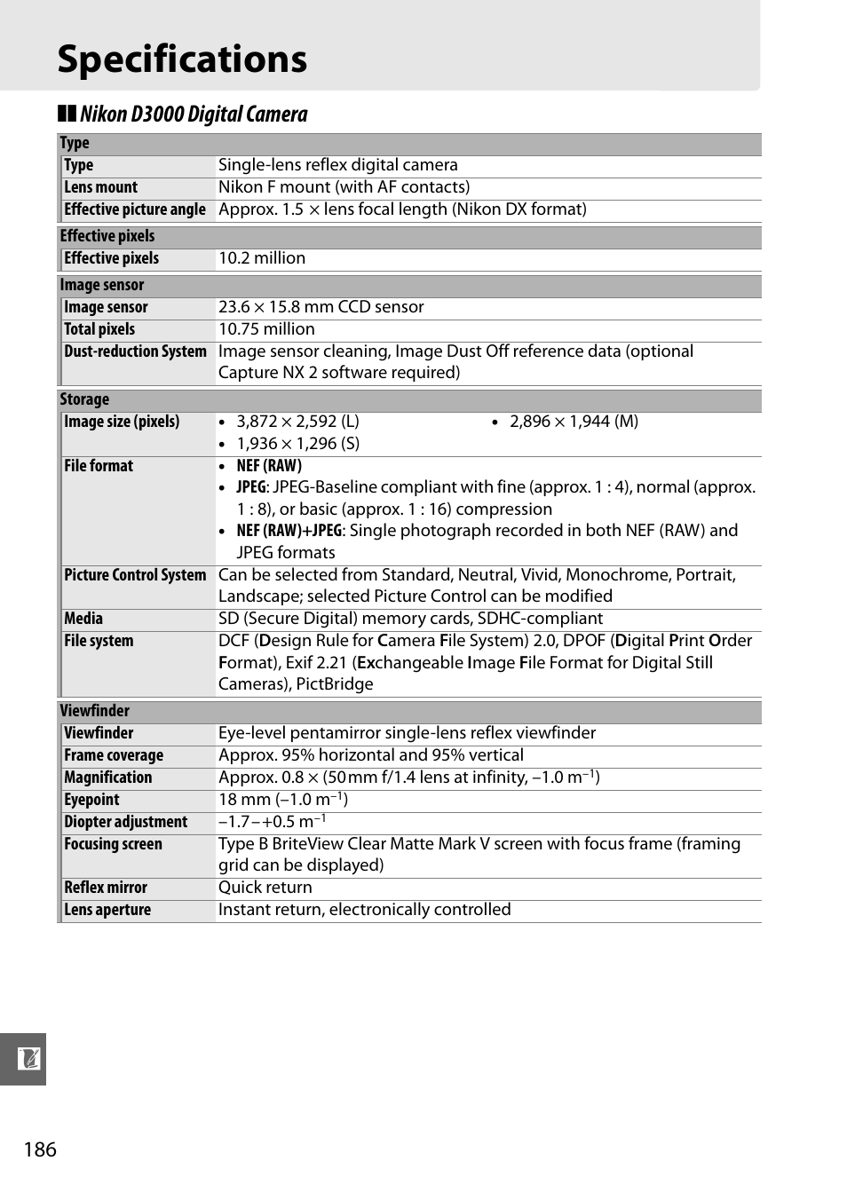 Specifications, Nikon d3000 digital camera | Nikon D3000 User Manual | Page 204 / 216