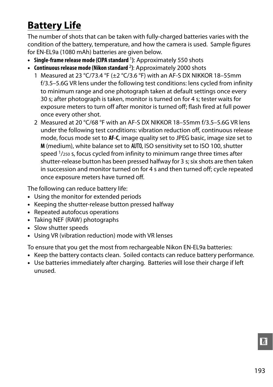 Battery life | Nikon D3000 User Manual | Page 211 / 216