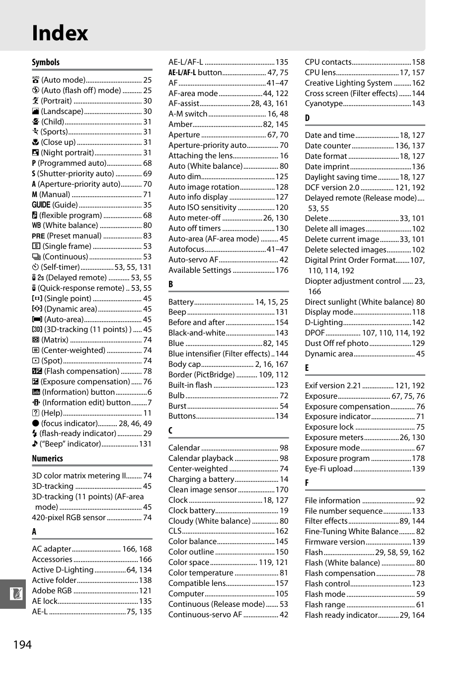 Index | Nikon D3000 User Manual | Page 212 / 216