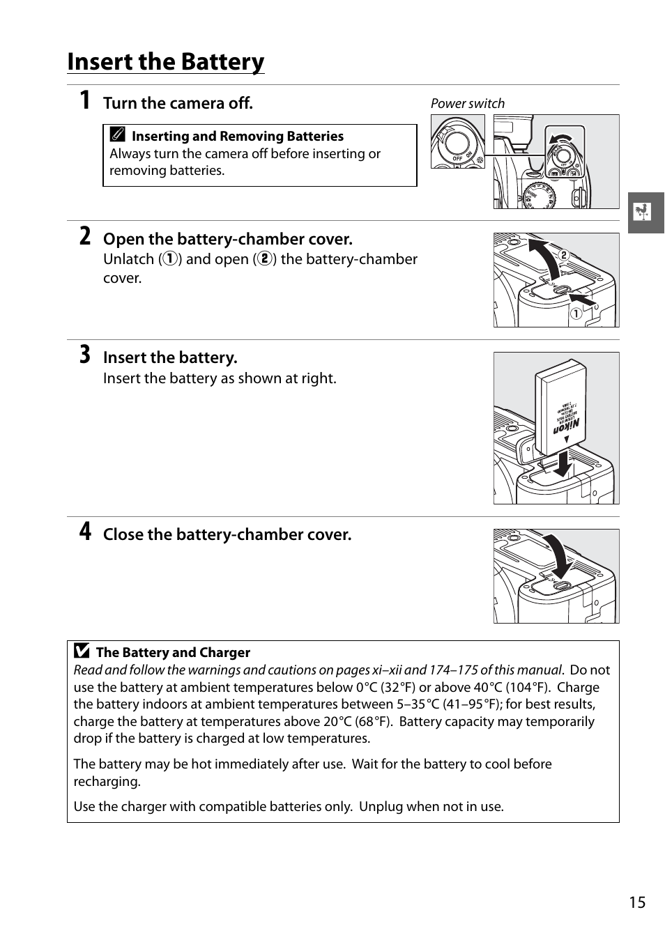 Insert the battery | Nikon D3000 User Manual | Page 33 / 216