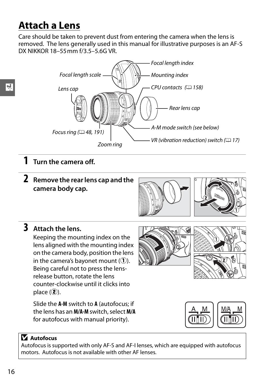Attach a lens | Nikon D3000 User Manual | Page 34 / 216