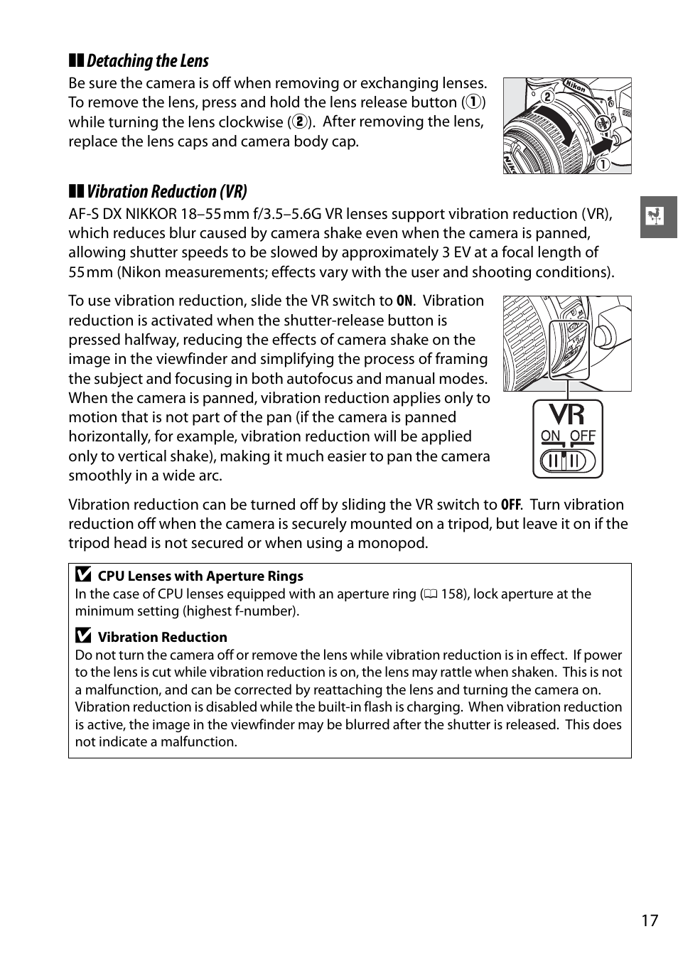 Detaching the lens, Vibration reduction (vr) | Nikon D3000 User Manual | Page 35 / 216