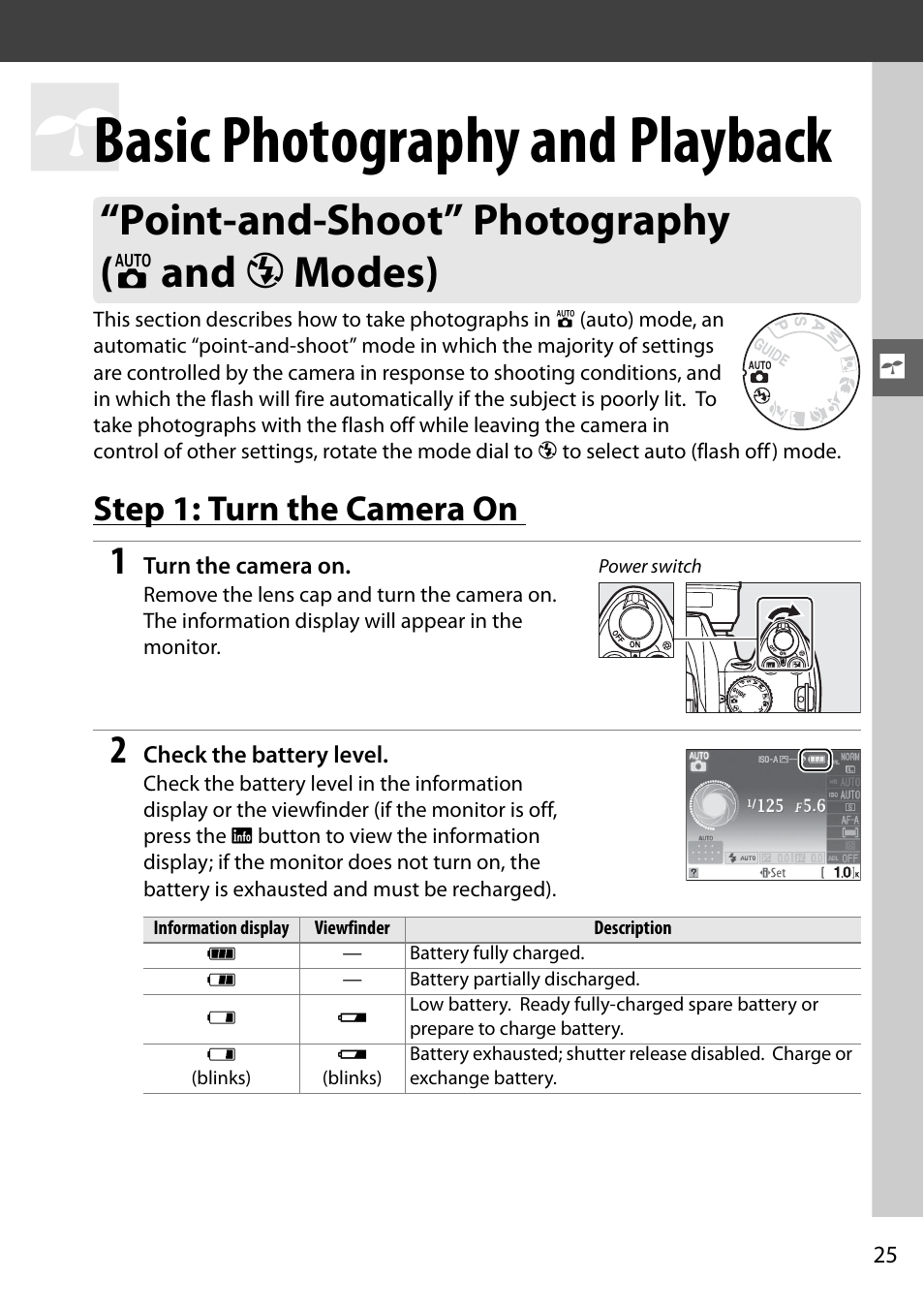 Basic photography and playback, Step 1: turn the camera on, Point-and-shoot” photography ( i and j modes) | Nikon D3000 User Manual | Page 43 / 216
