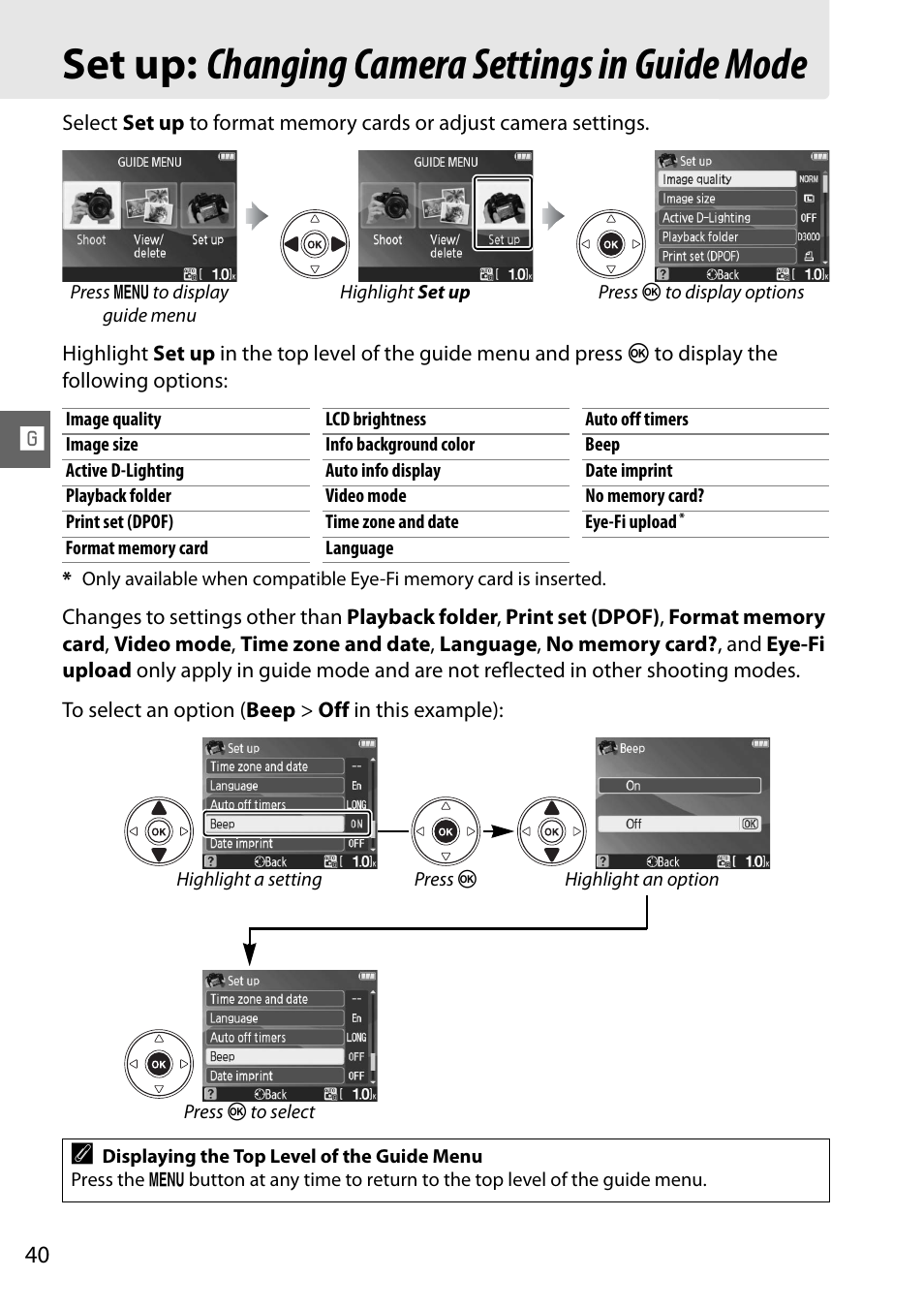 Set up: changing camera settings in guide mode | Nikon D3000 User Manual | Page 58 / 216