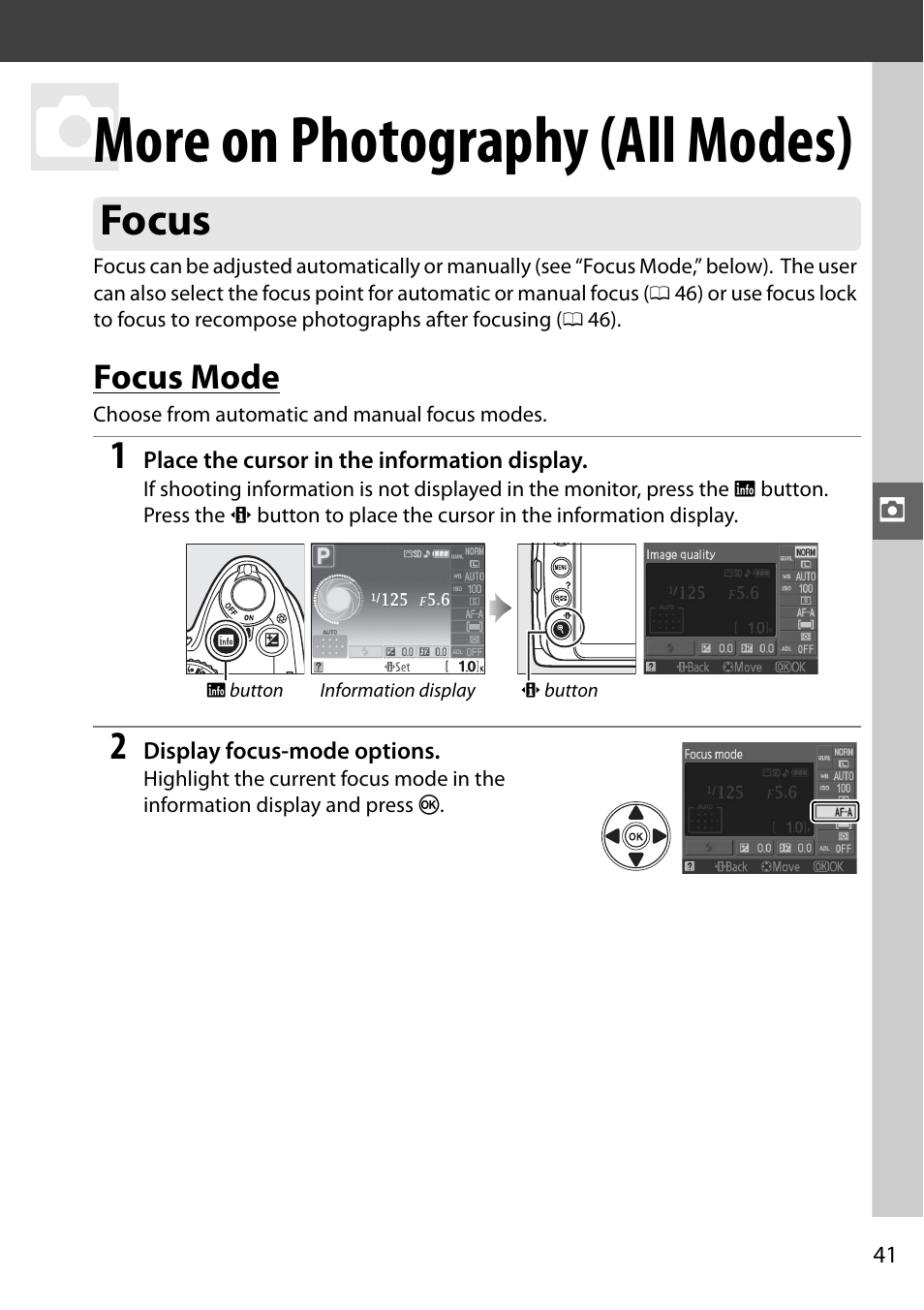 More on photography (all modes), Focus, Focus mode | Nikon D3000 User Manual | Page 59 / 216