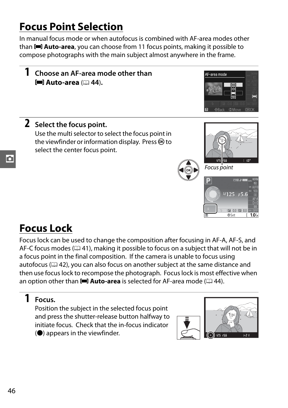 Focus point selection, Focus lock | Nikon D3000 User Manual | Page 64 / 216