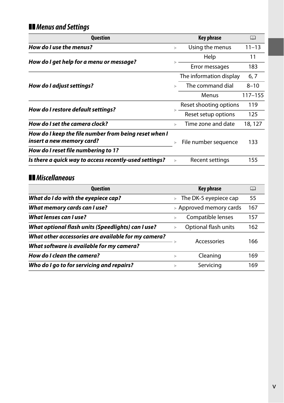 Menus and settings, Miscellaneous | Nikon D3000 User Manual | Page 7 / 216