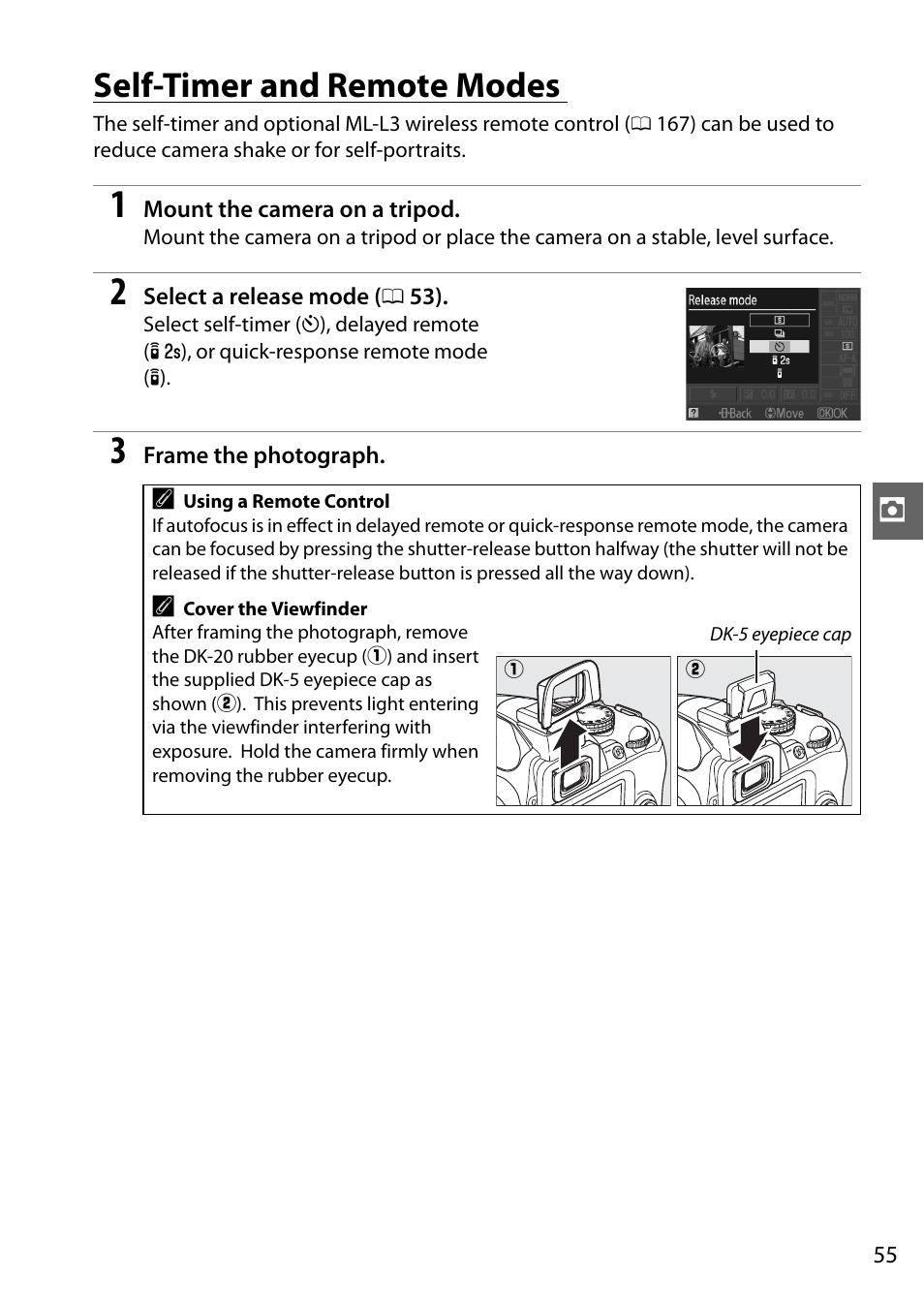 Self-timer and remote modes | Nikon D3000 User Manual | Page 73 / 216