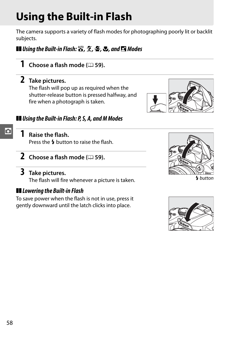 Using the built-in flash | Nikon D3000 User Manual | Page 76 / 216