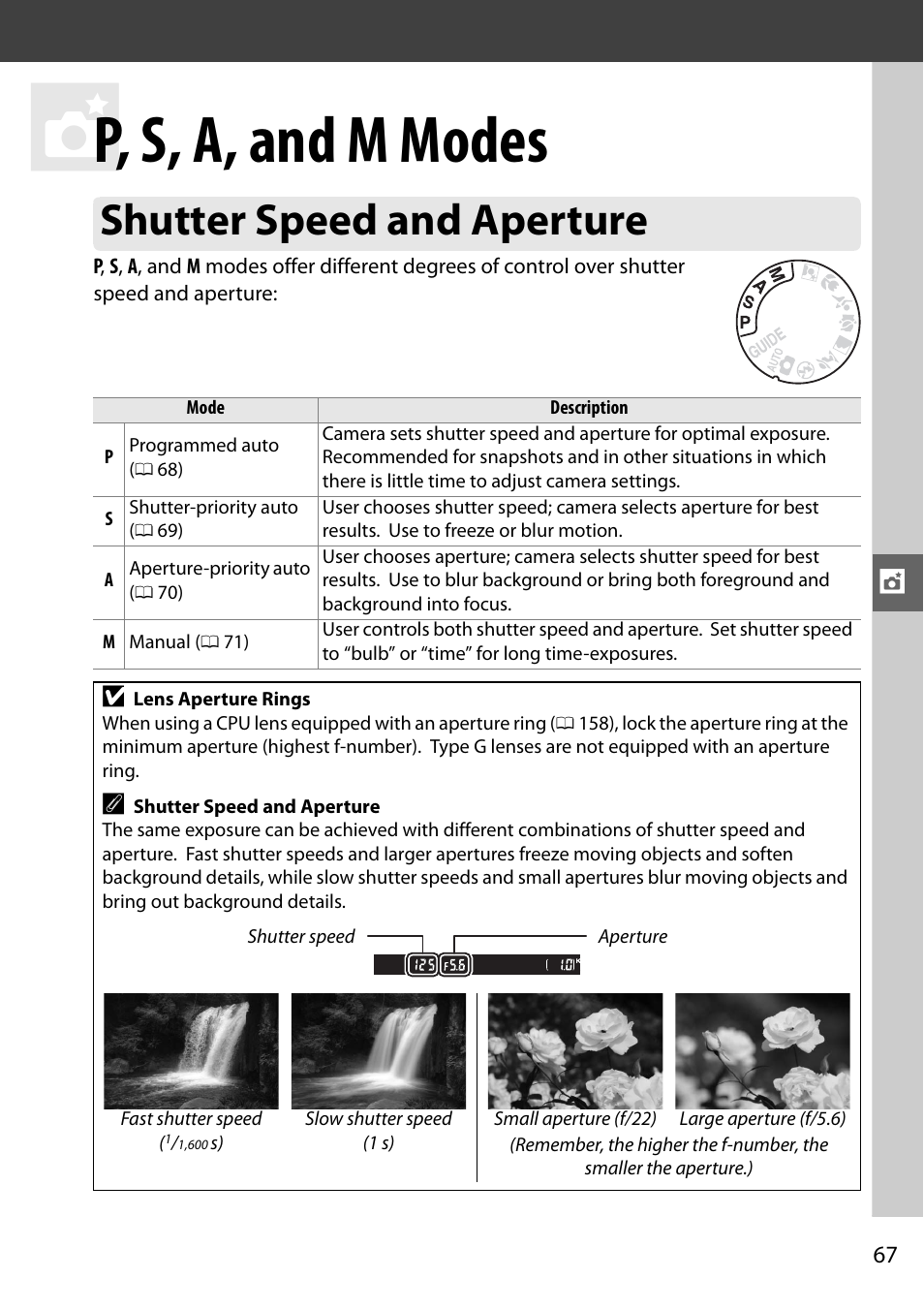 P, s, a, and m modes, Shutter speed and aperture | Nikon D3000 User Manual | Page 85 / 216