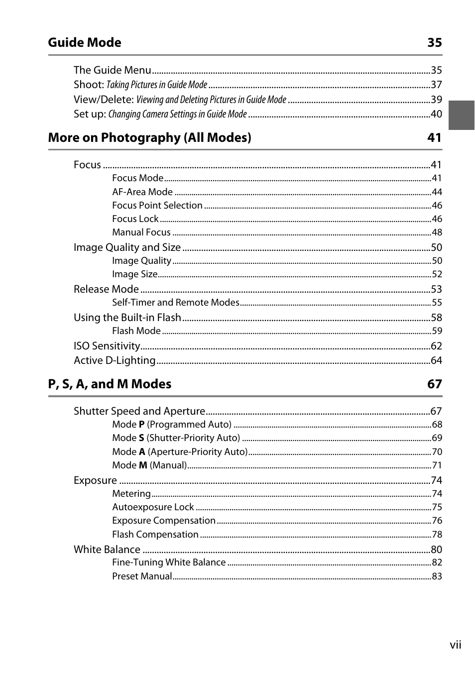 Guide mode 35, More on photography (all modes) 41, P, s, a, and m modes 67 | Nikon D3000 User Manual | Page 9 / 216