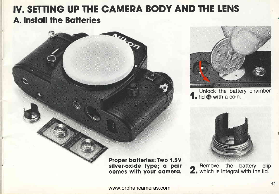 Iv. setting up the camera body and the lens, A. install the batteries | Nikon EM User Manual | Page 11 / 34